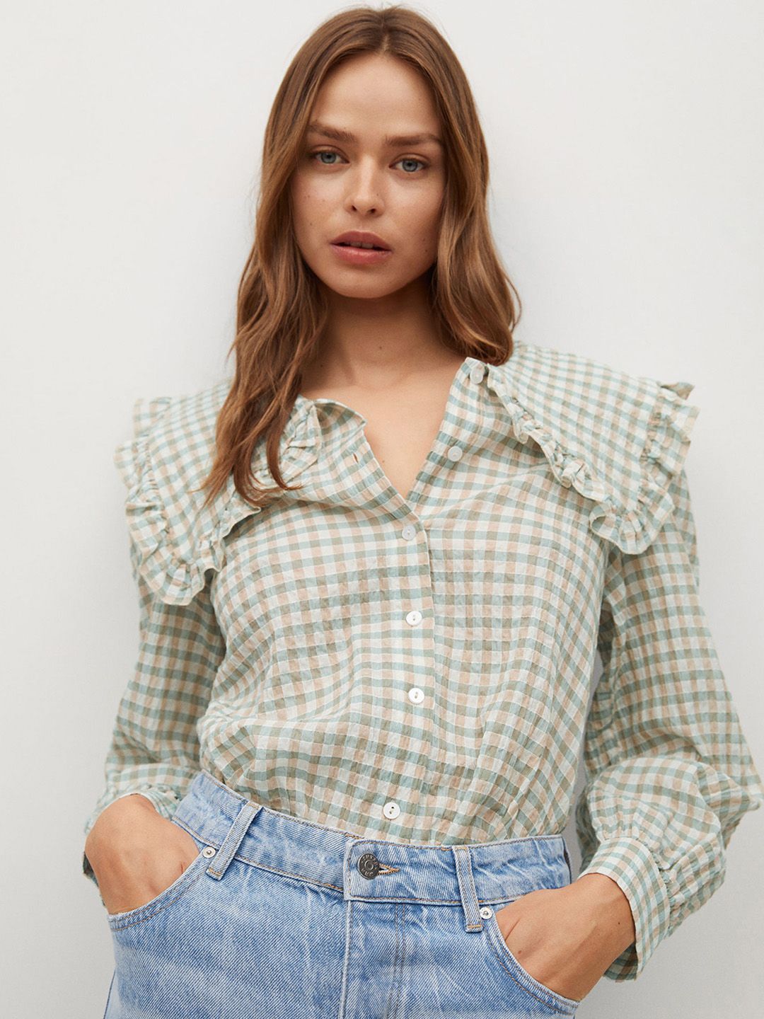 MANGO White & Green Checked Layered Shirt Style Top