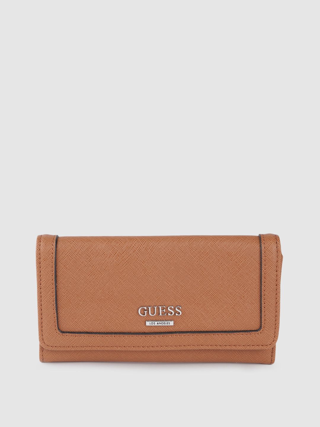 GUESS Women Tan Brown Saffiano Textured Three Fold Wallet Price in India