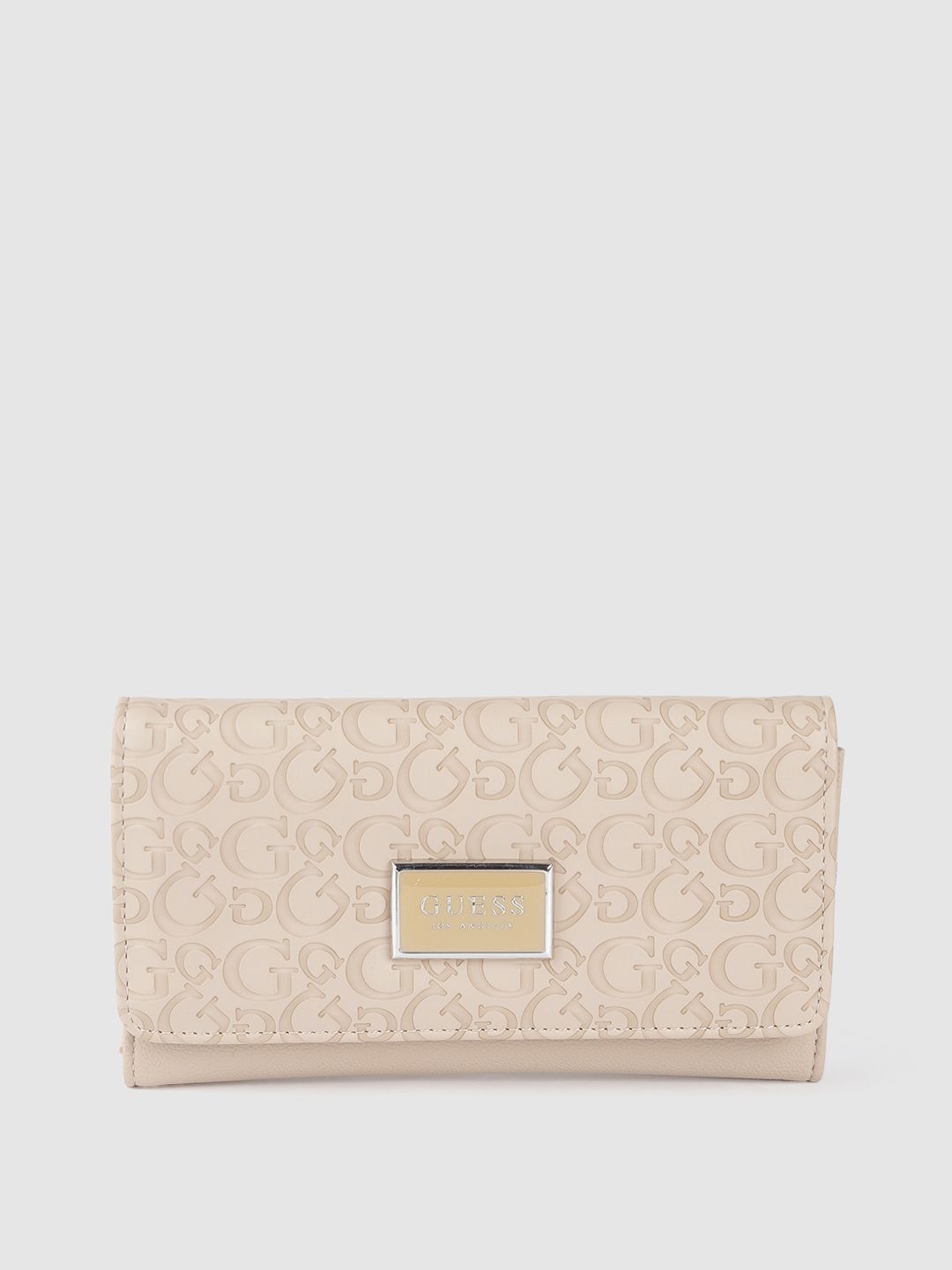 GUESS Women Beige Brand Logo Textured Three Fold Wallet Price in India