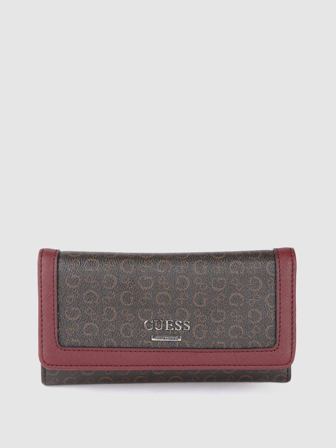 GUESS Women Coffee Brown & Maroon Brand Logo Print Three Fold Wallet Price in India