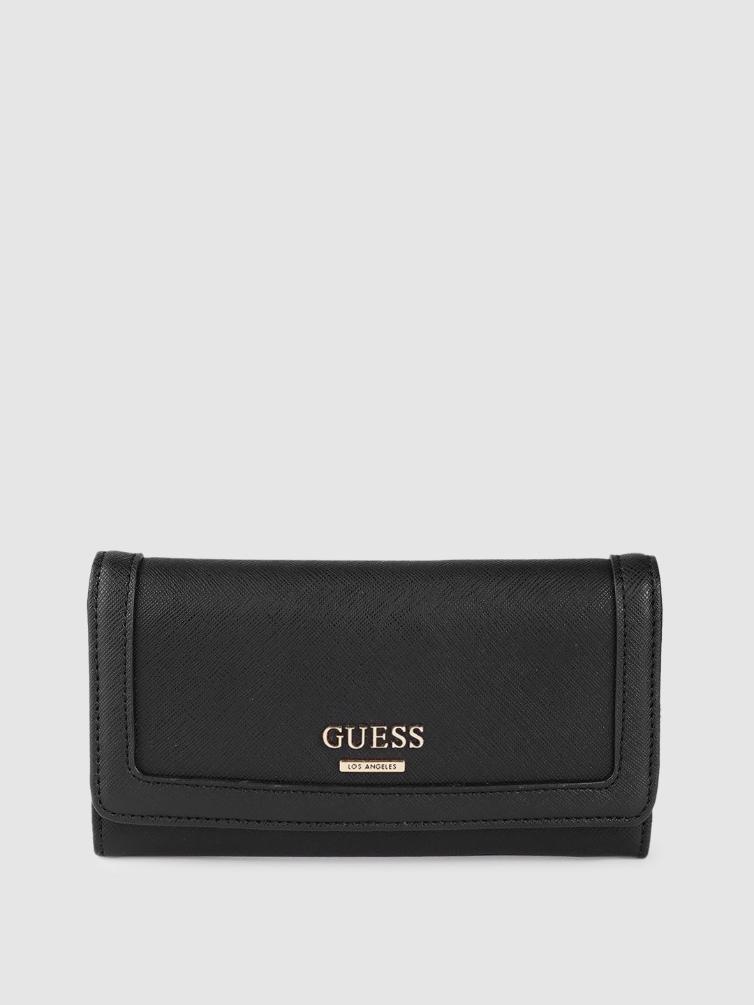 GUESS Women Black Saffiano Textured Three Fold Wallet Price in India
