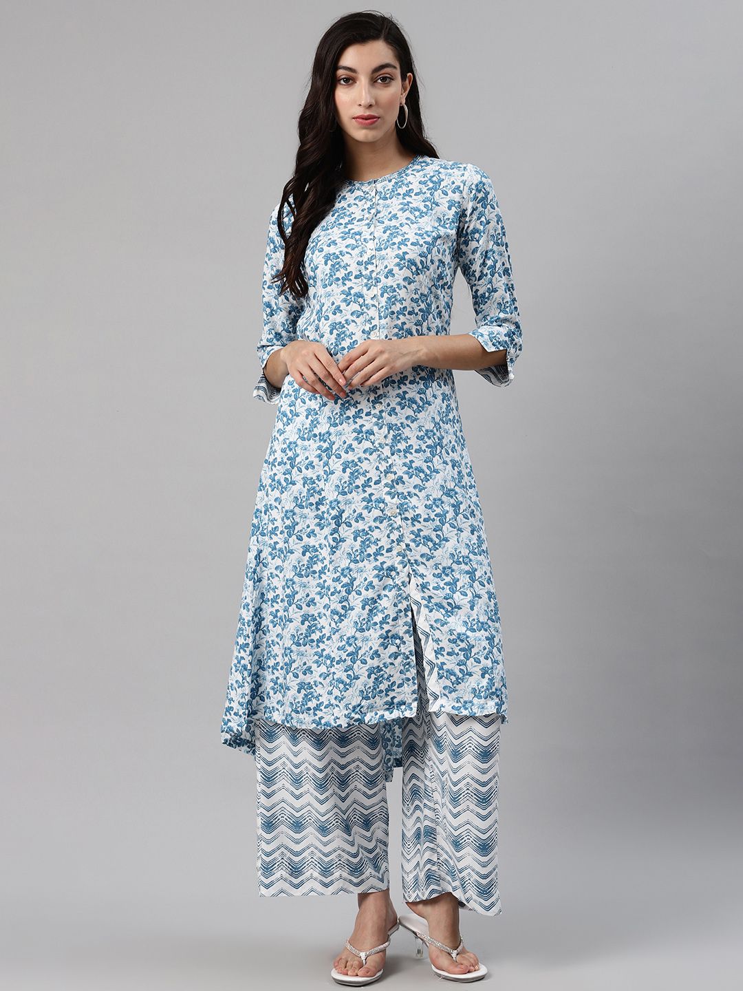 Biba Women White & Blue Printed Kurta with Palazzos