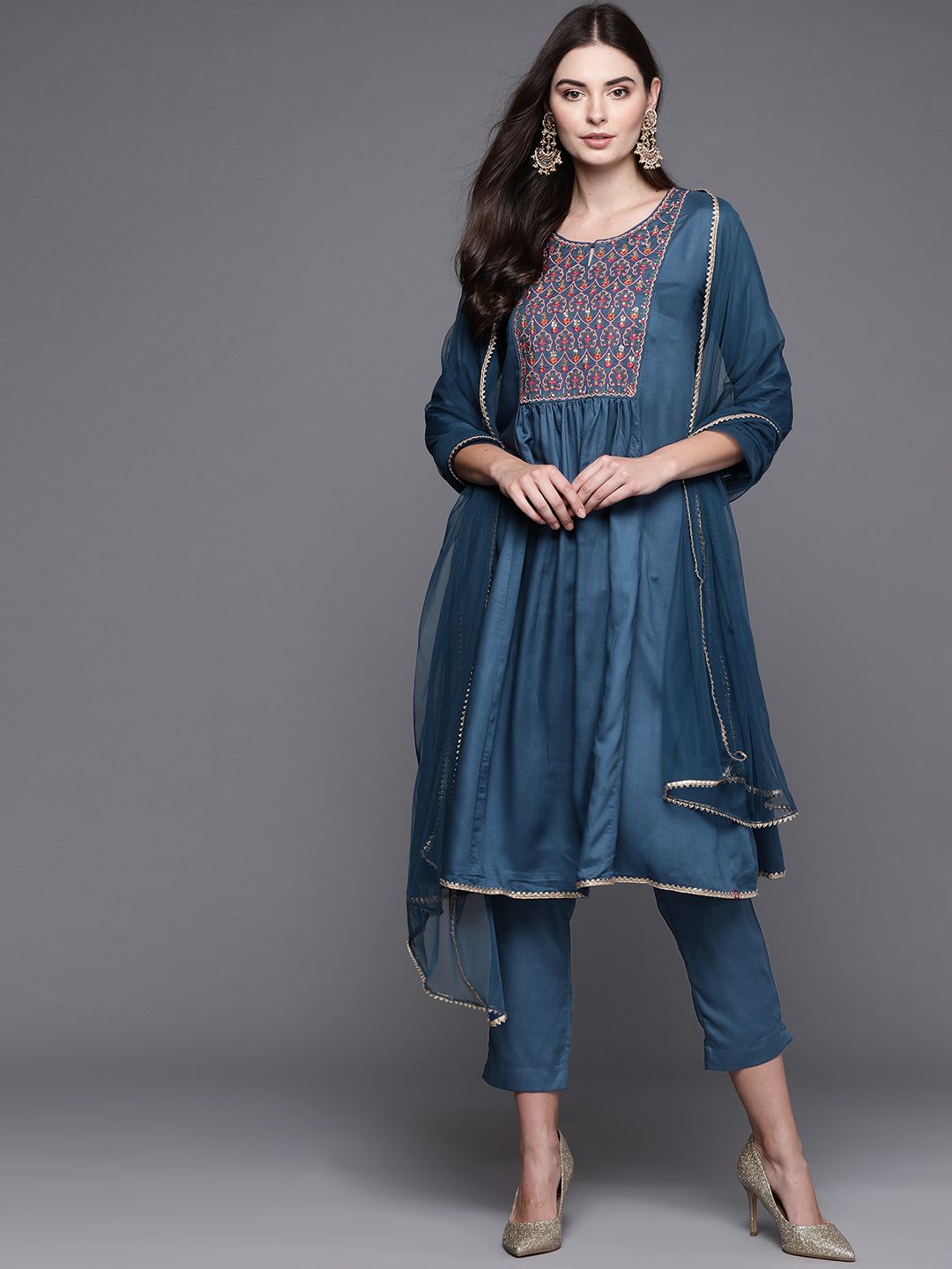Biba Women Teal Blue Embroidered A-Line Kurta with Trousers & Dupatta Price in India