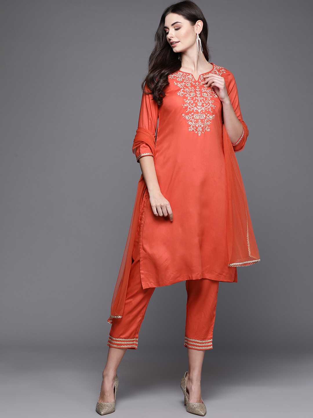 Biba Women Orange Embroidered Kurta with Trousers & Dupatta Price in India