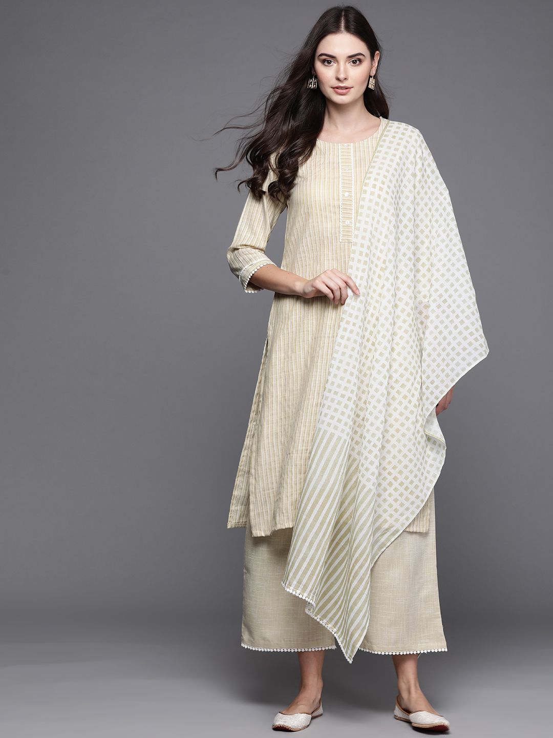 Biba Women Green & White Striped Kurta with Palazzos & Dupatta