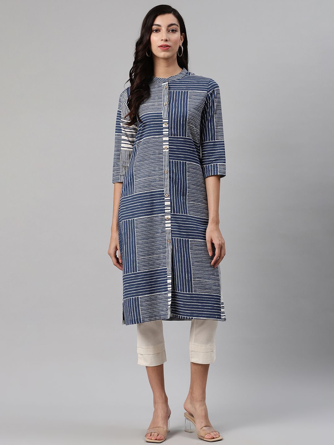 Biba Women Navy Blue & White Striped Kurta with Trousers