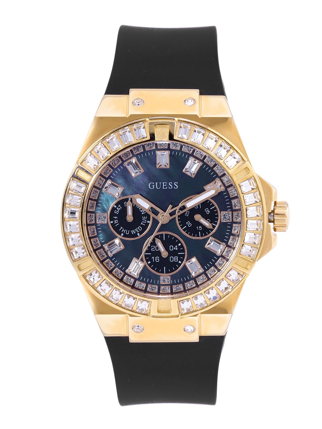 GUESS Women Navy Blue Embellished Dial & Black Straps Analogue Watch GW0118L2 Price in India