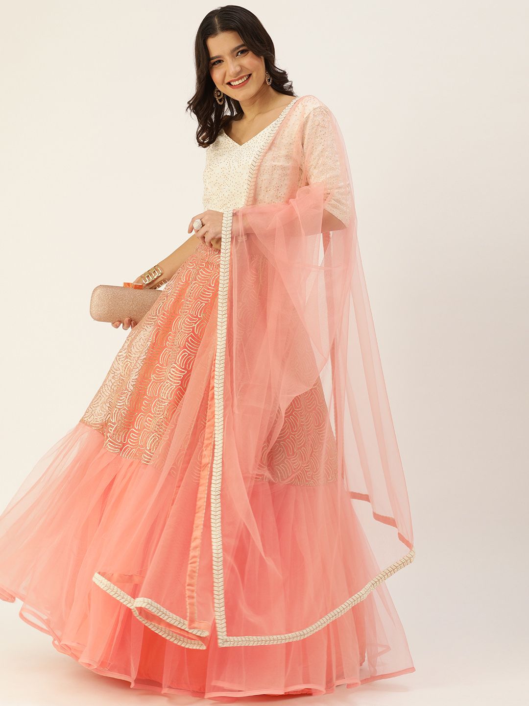 EthnoVogue Peach-Coloured & White Embroidered Sequinned Made to Measure Lehenga & Blouse With Dupatta Price in India