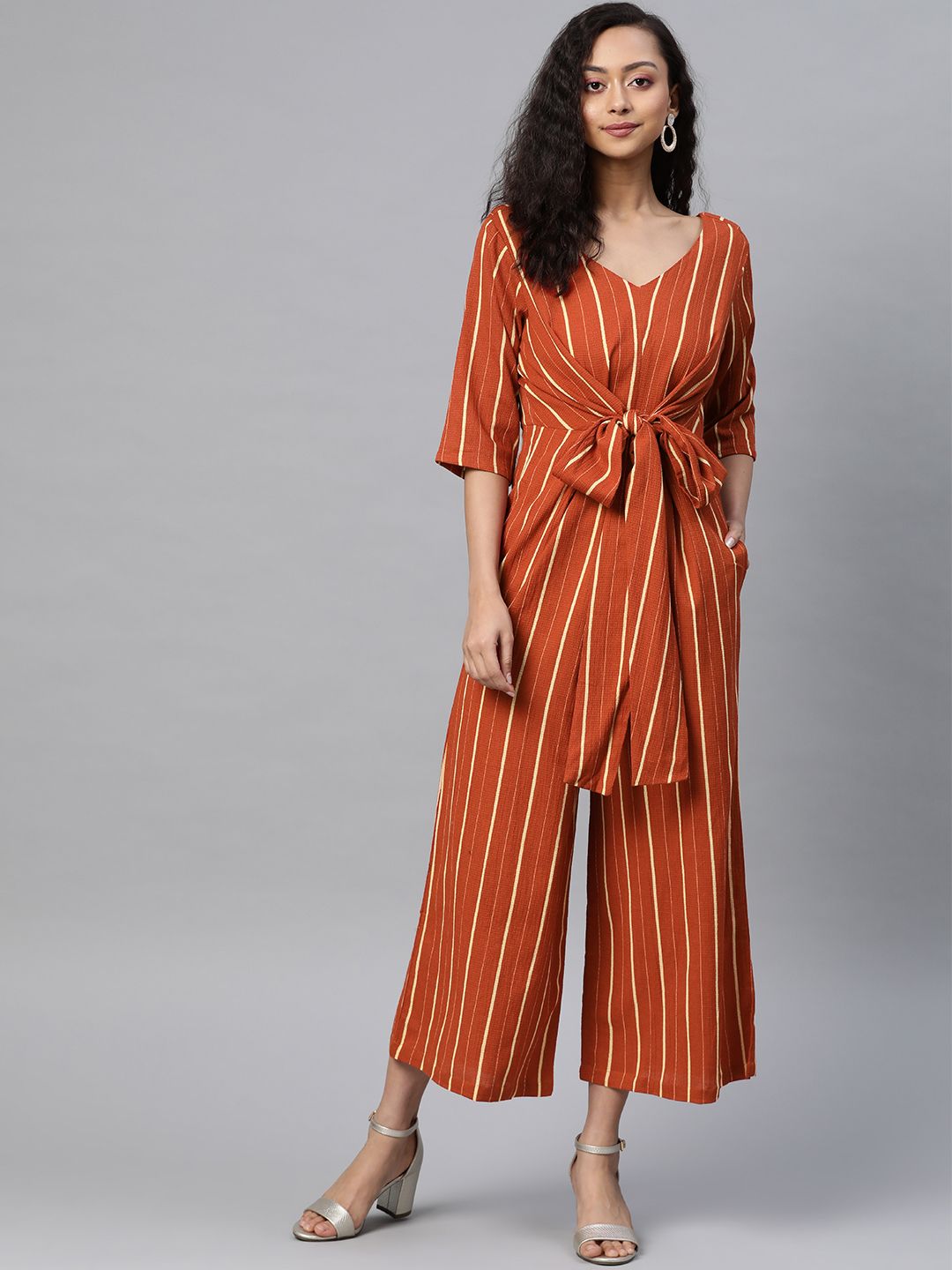 SILVER STOCK Women Rust & Cream-Coloured Striped Culotte Jumpsuit Price in India