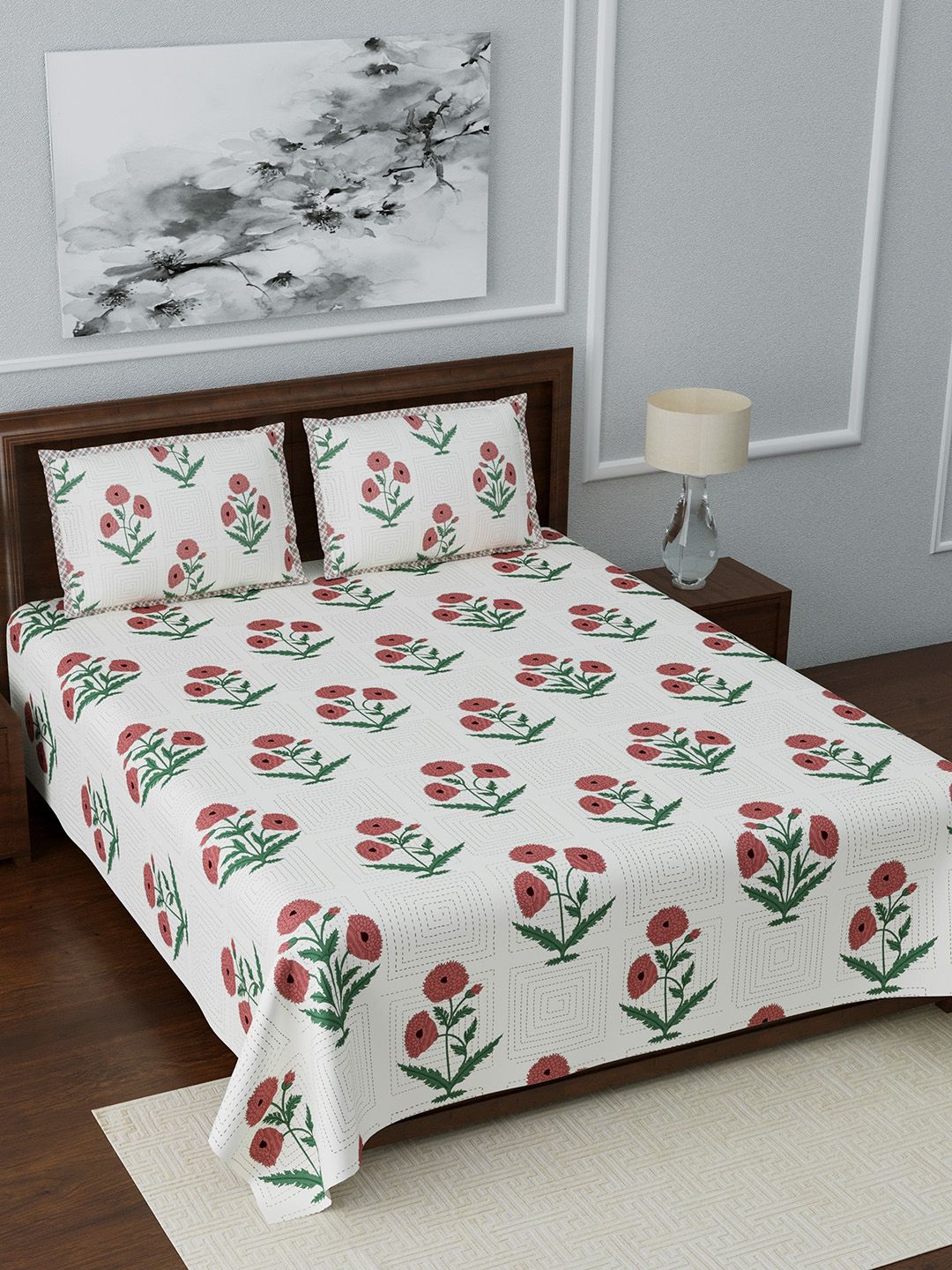 LIVING ROOTS White & Red Floral 210 TC Cotton 1  King Bedsheet with 2 Pillow Covers Price in India