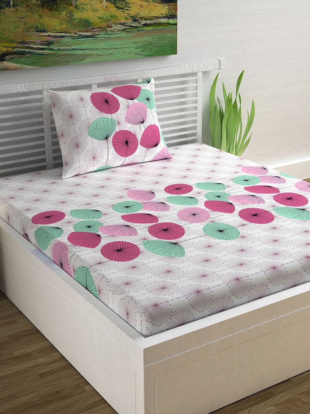 Divine Casa White & Pink Graphic 144 TC Cotton 1 Single Bedsheet with 1 Pillow Covers Price in India