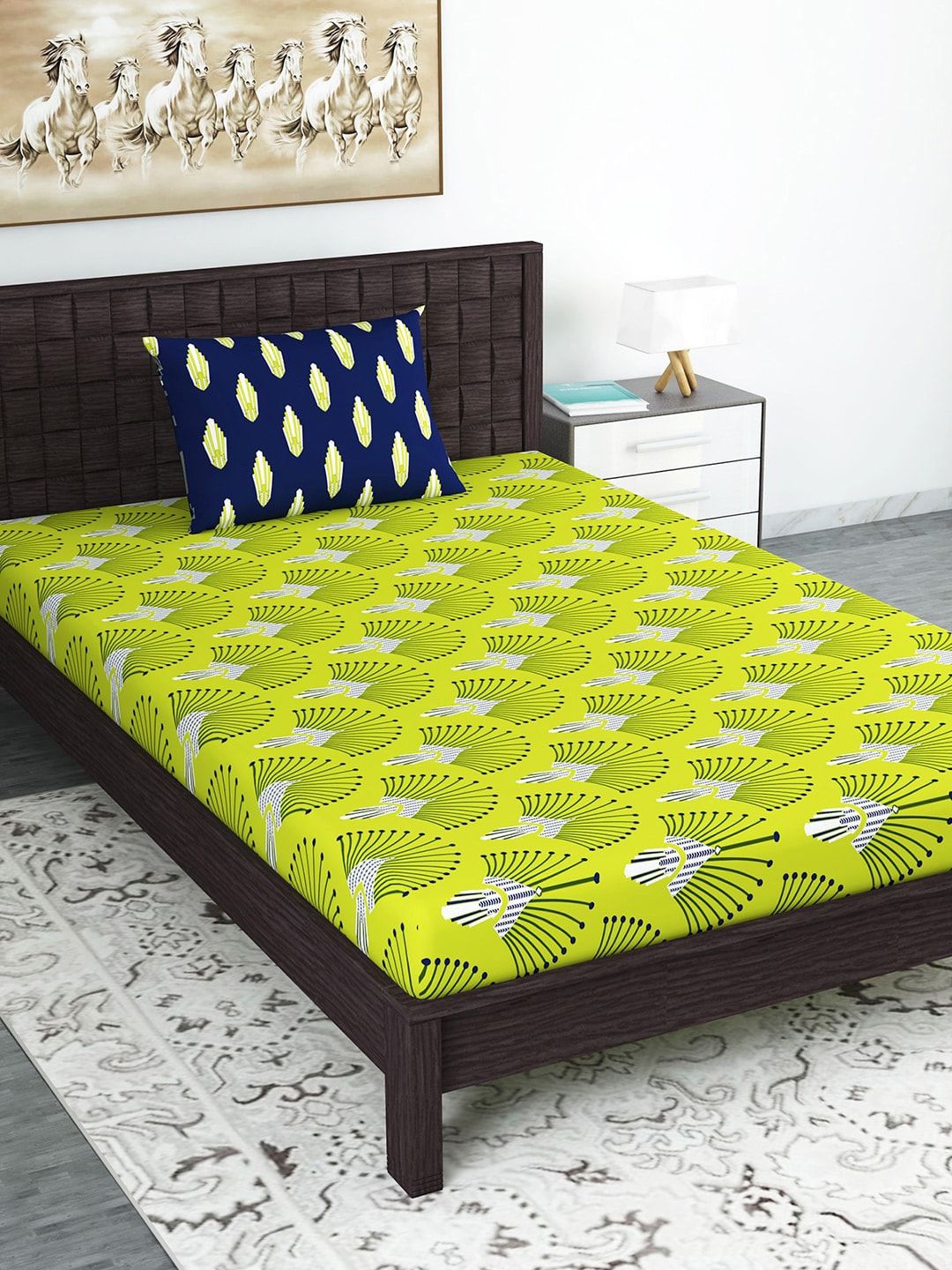Divine Casa Lime Green & Navy Blue Ethnic Motifs 144 TC Cotton 1 Single Bedsheet with 1 Pillow Covers Price in India