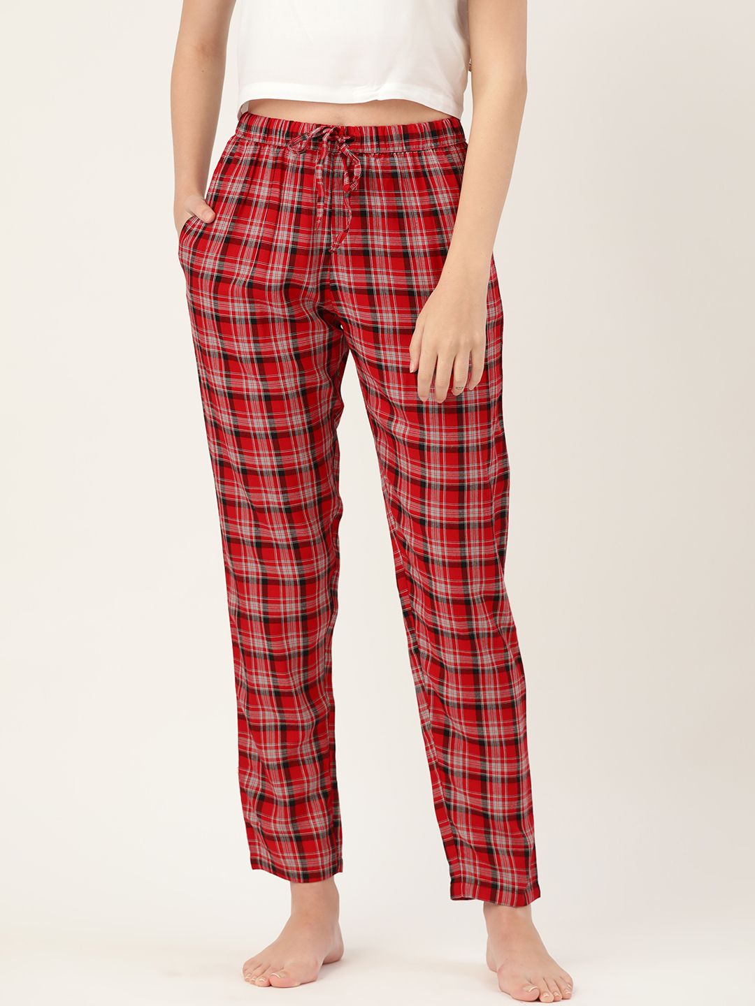 ETC Women Red & Black Regular Fit Checked Lounge Pants Price in India