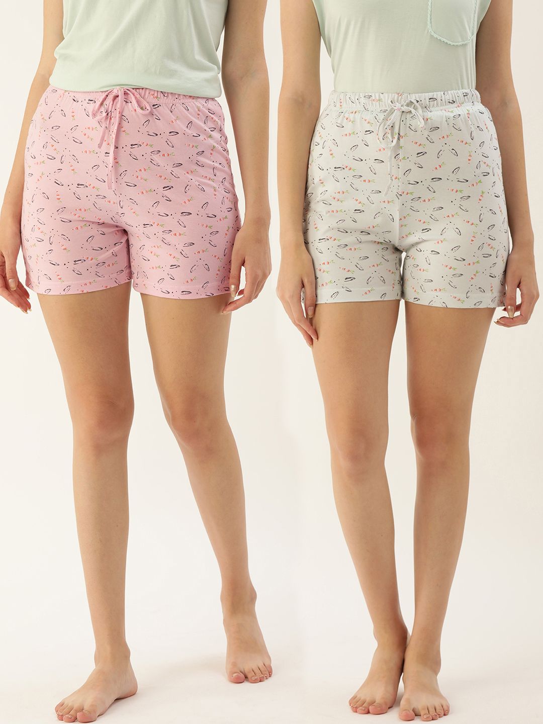 ETC Women Pack Of 2 Pink & White Printed Lounge Shorts Price in India