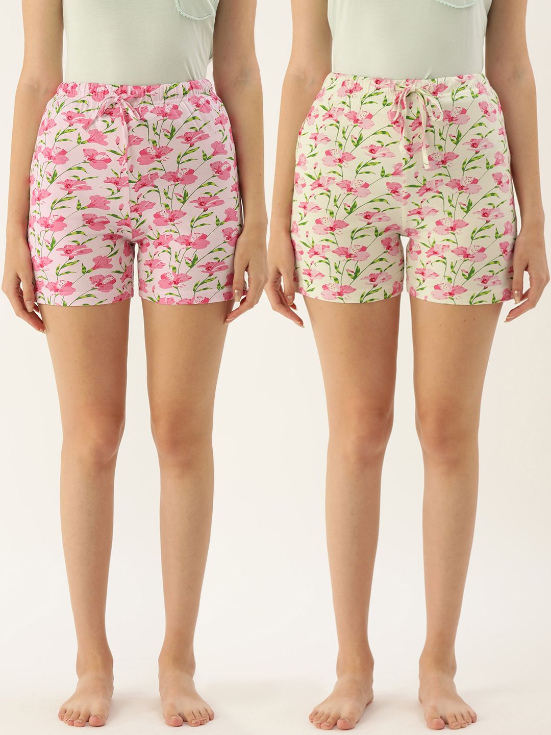 ETC Women Pack Of 2 Pink & Cream-Coloured Printed Lounge Shorts Price in India