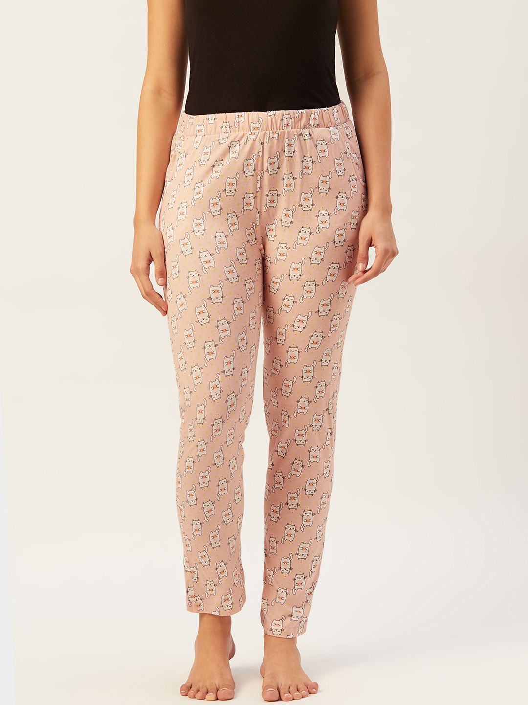 Sweet Dreams Women Peach-Coloured & White Printed Knitted Pure Cotton Lounge Pants Price in India