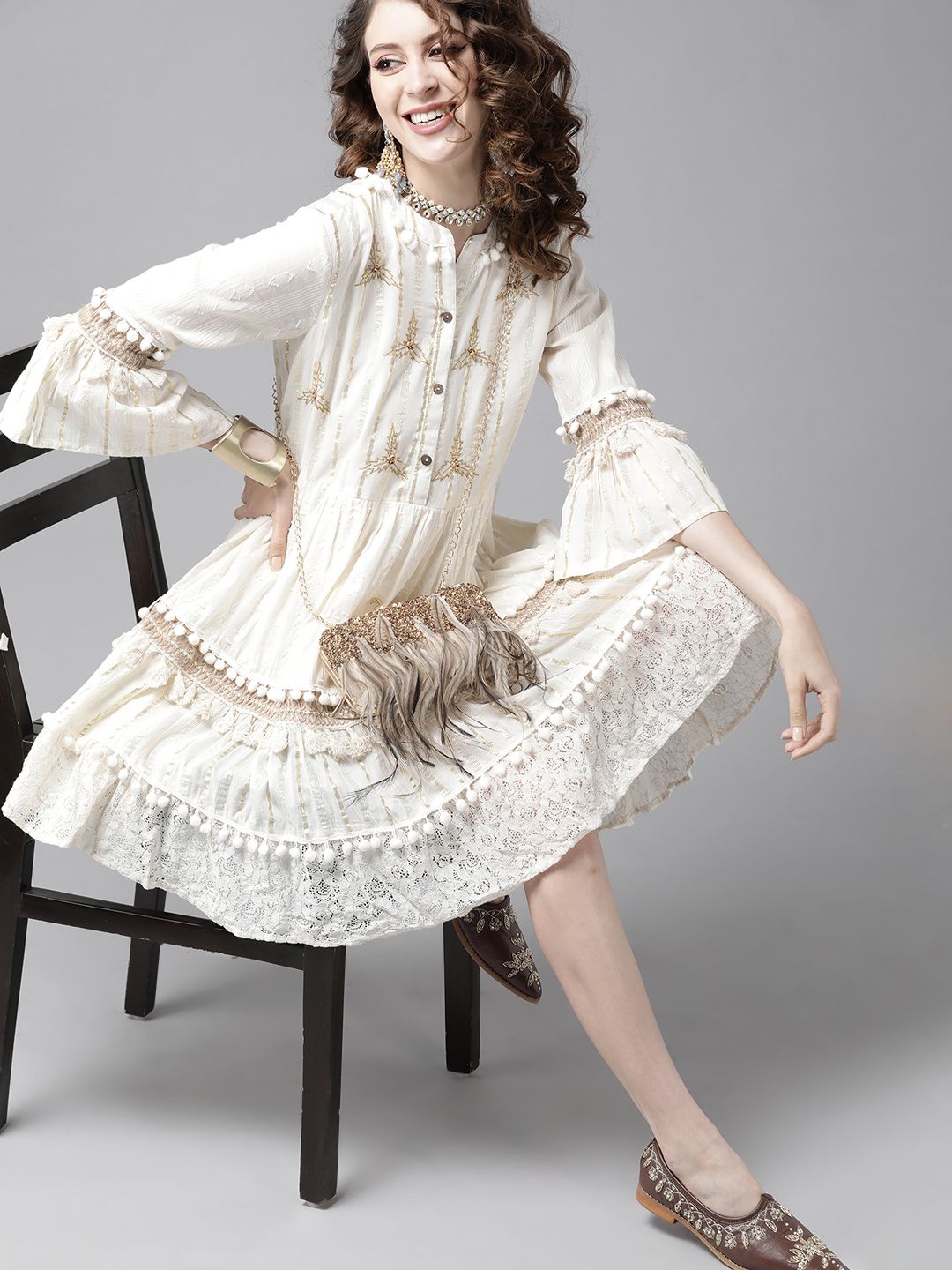 Ishin Off-White Pure Cotton Striped A-Line Dress Price in India