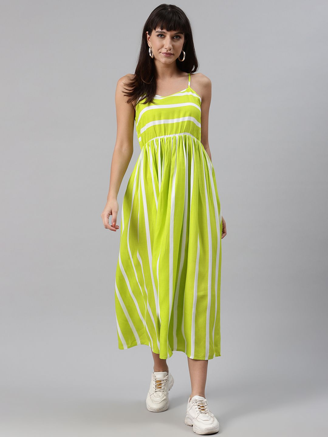 Meeranshi Women Fluorescent Green & White Liva Striped Maxi Dress Price in India