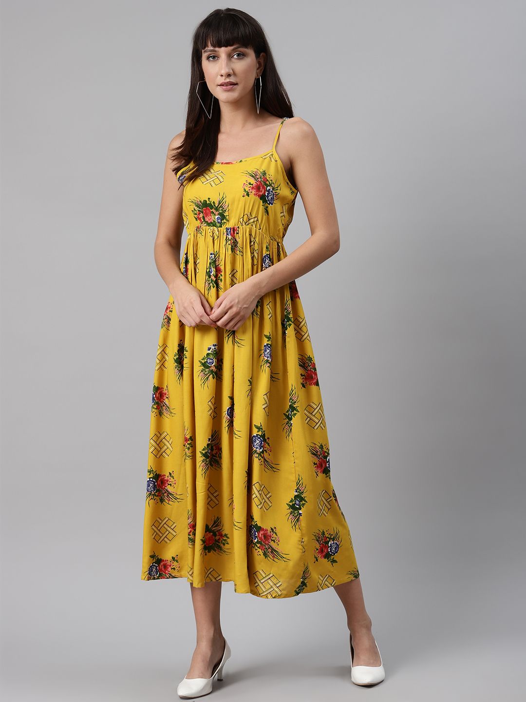 Meeranshi Women Mustard Yellow & Green Liva Floral Print Maxi Dress Price in India