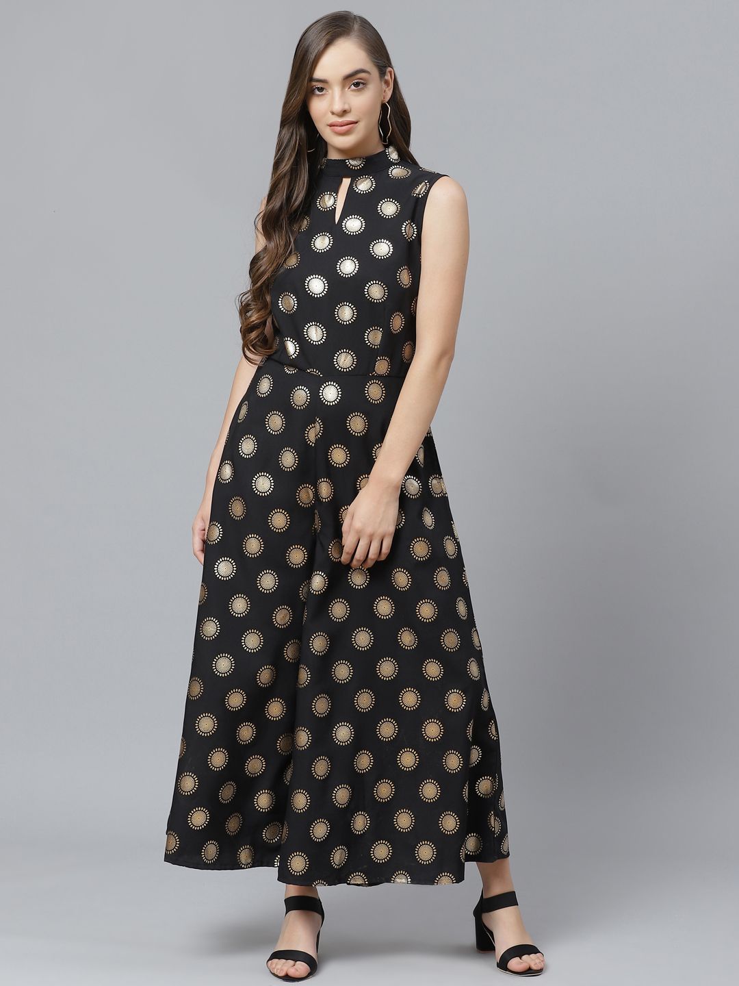 Poshak Hub Women Black & Golden Printed Basic Jumpsuit Price in India