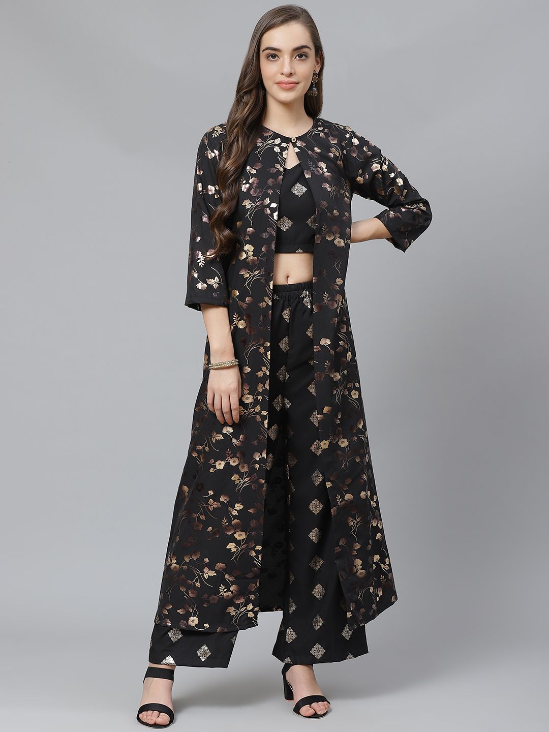 Poshak Hub Women Black & Golden Foil Print Layered Clothing Set