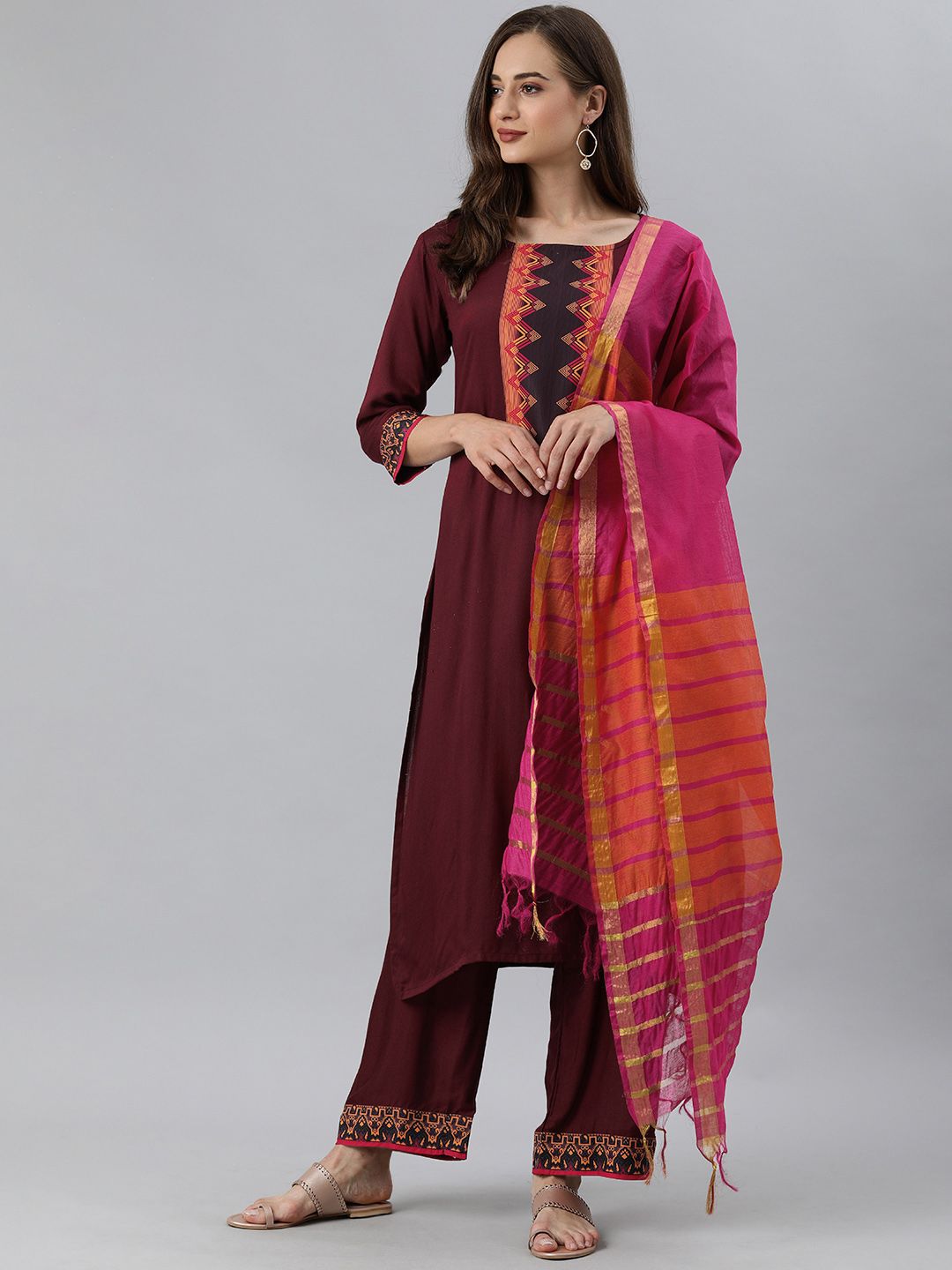 GoSriKi Women Burgundy Yoke Design Pure Cotton Kurta with Palazzos & With Dupatta