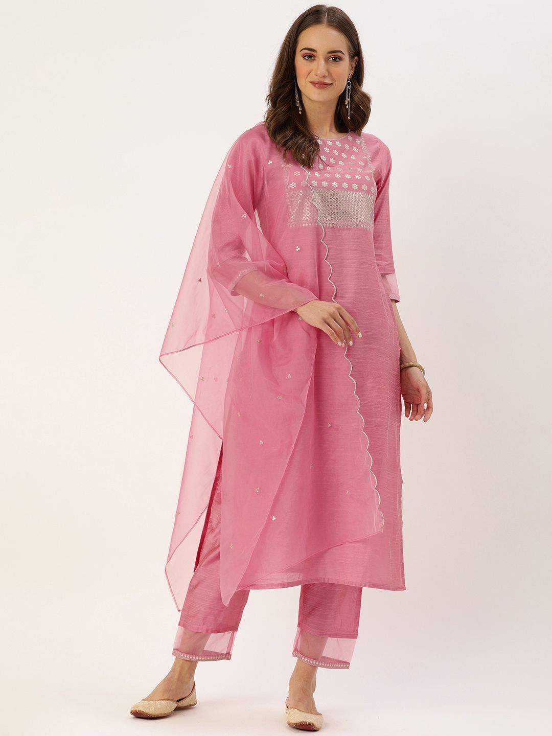 Varanga Women Pink Sequinned Yoke Design Kurta with Trousers & Dupatta Price in India