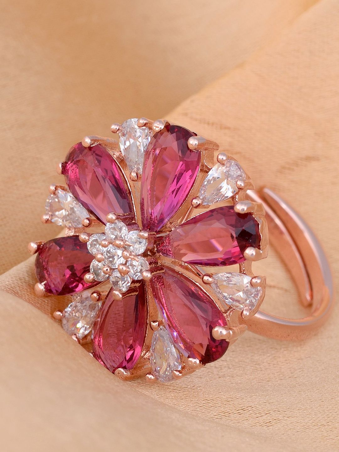 Saraf RS Jewellery Rose Gold-Plated Pink & White CZ-Studded Handcrafted Adjustable Finger Ring Price in India