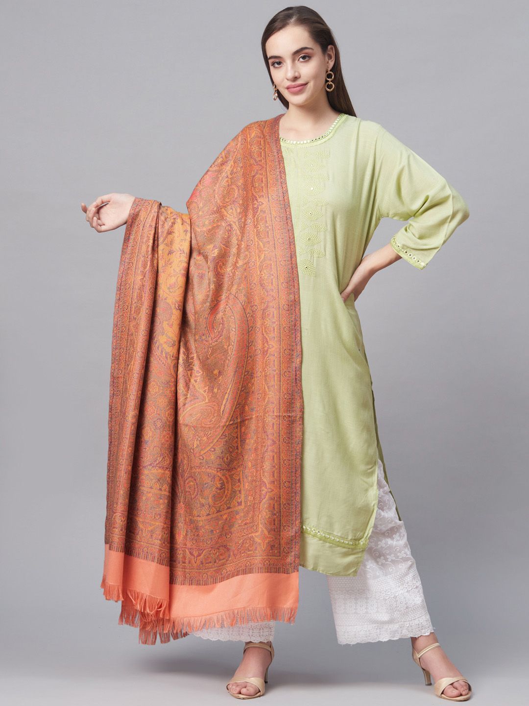 Pashutsh Women Peach-Coloured Ethnic Motifs Woven Design Designer Shawl Price in India