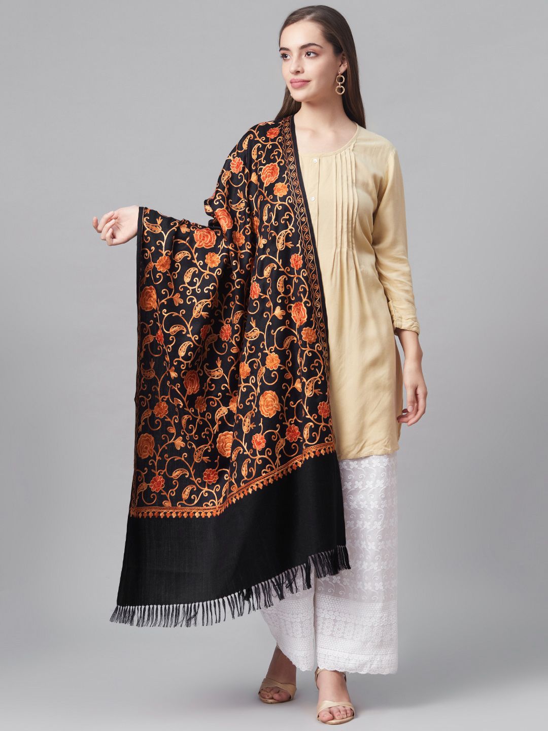 Pashtush Women Navy Blue & Orange Embroidered Designer Shawl Price in India