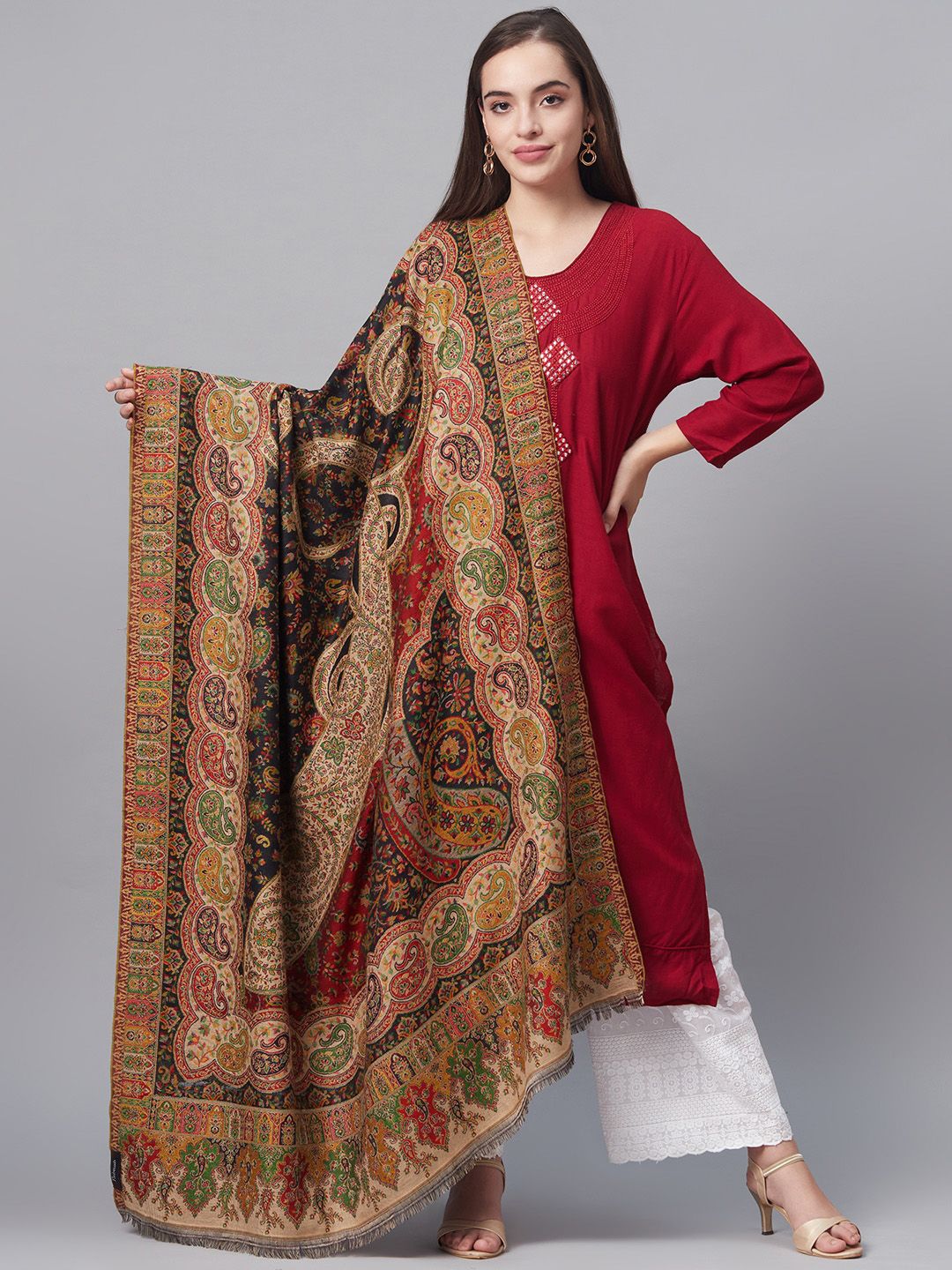 Pashtush Women Beige & Black Woven Design Jamawar Shawl Price in India