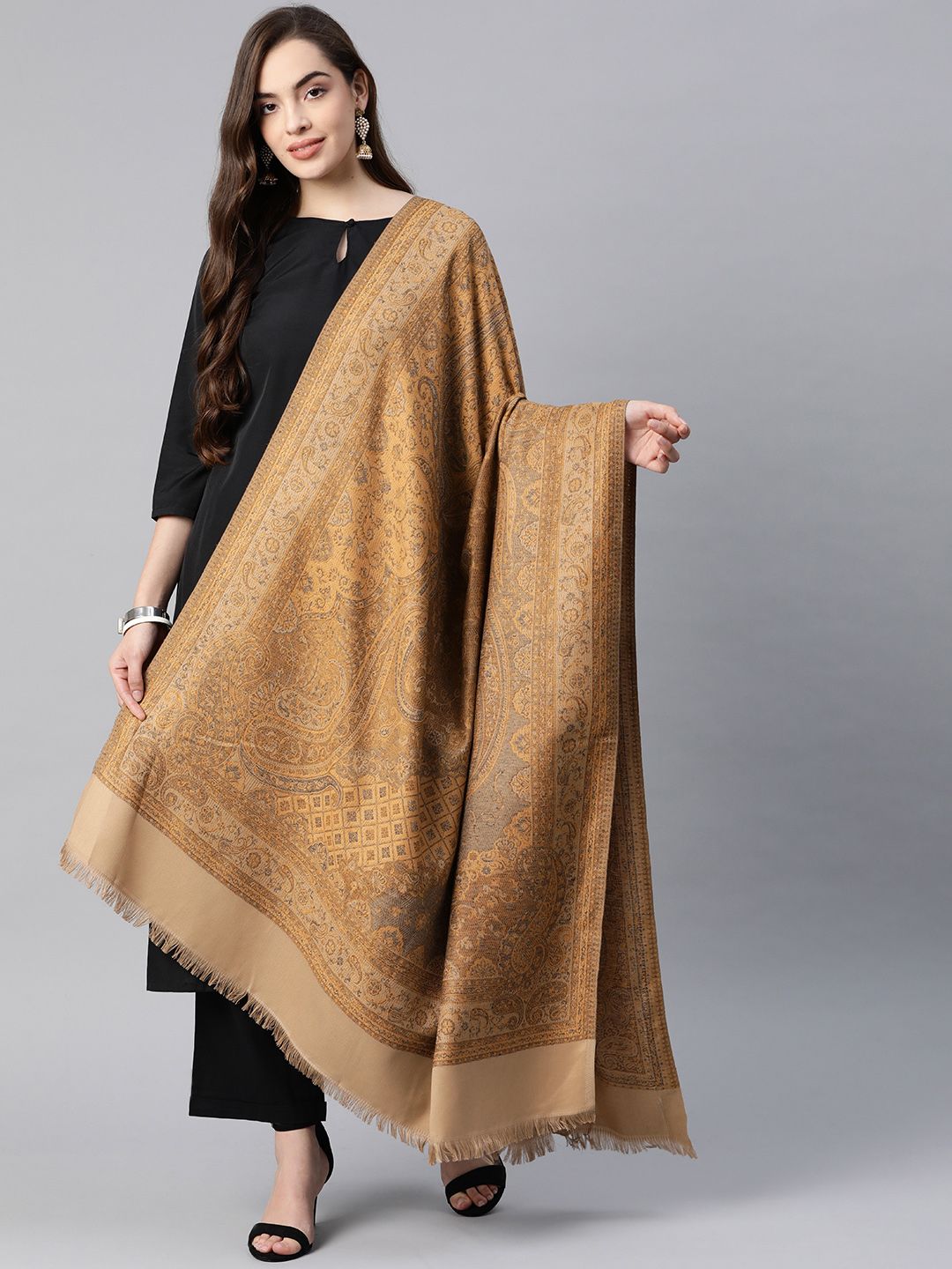 Pashutsh Women Beige & Orange Paisley Woven Design Designer Shawl Price in India