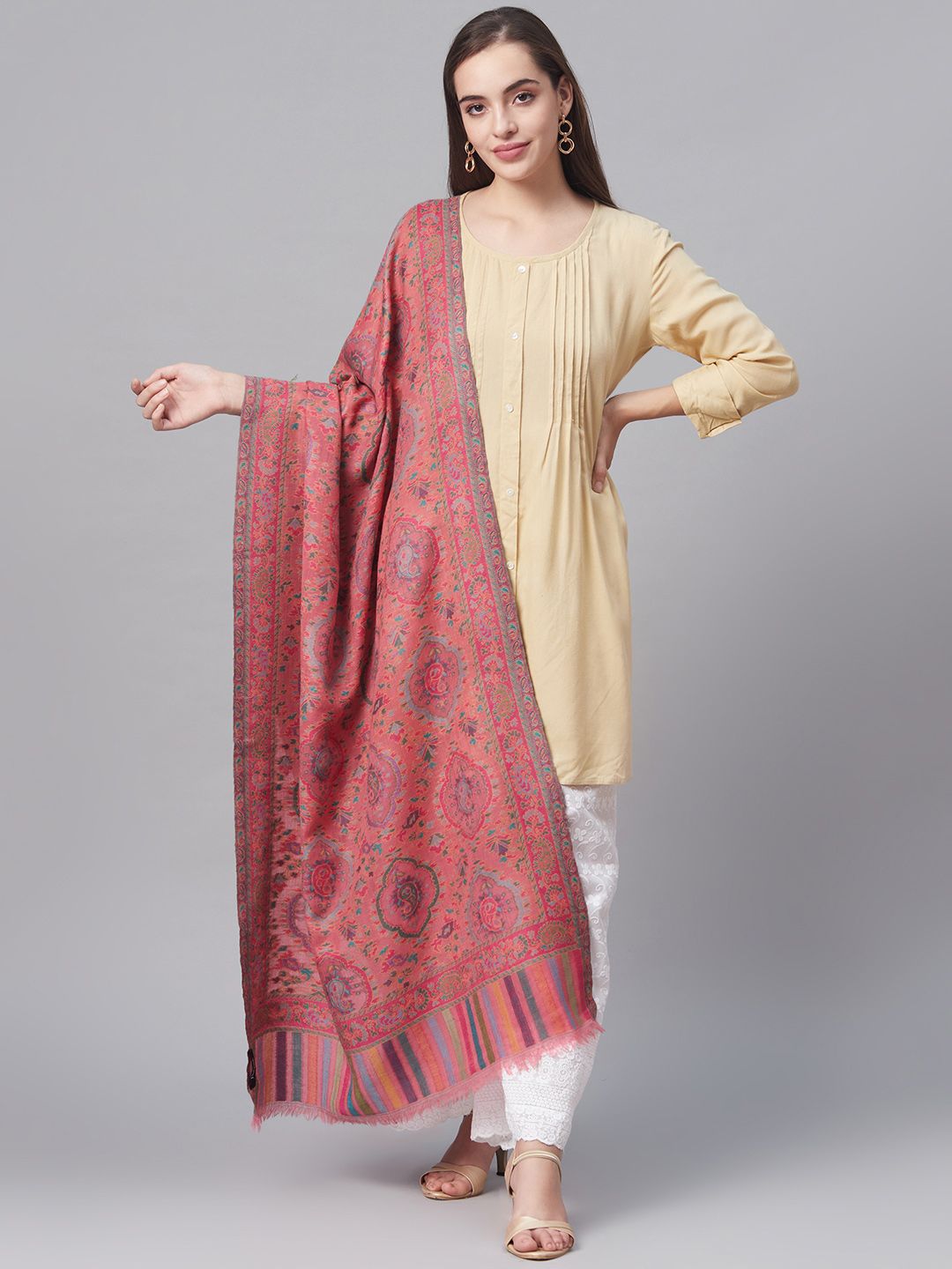 Pashtush Women Pink & Blue Pure Wool Woven Design Kaani Shawl Price in India