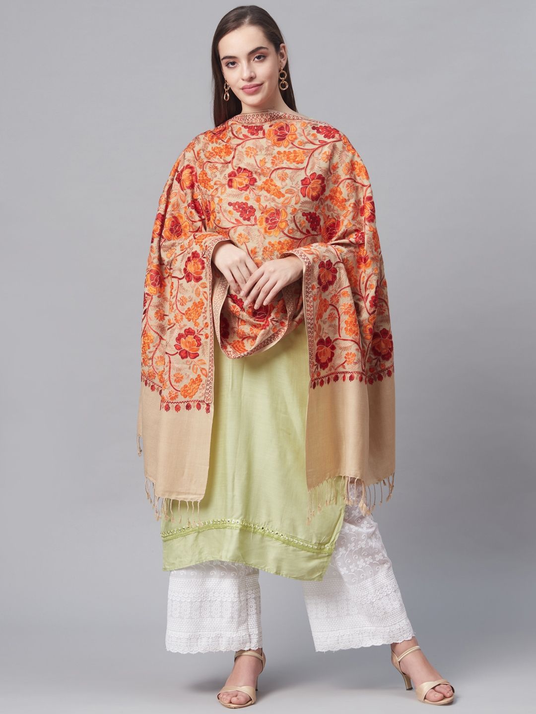 Pashtush Women Beige & Orange Embroidered Designer Stole Price in India