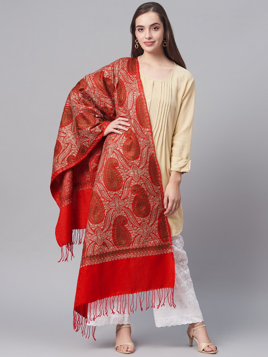 Pashutsh Women Red & Beige Aari Embroidered Shawl Price in India