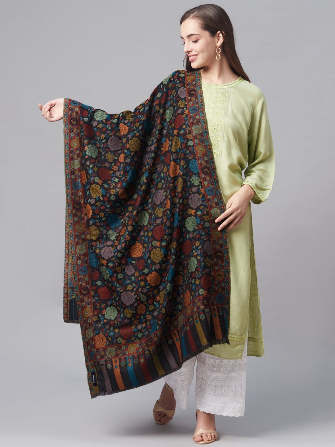 Pashtush Women Black & Maroon Ethnic Motifs Woven Design Designer Stole Price in India