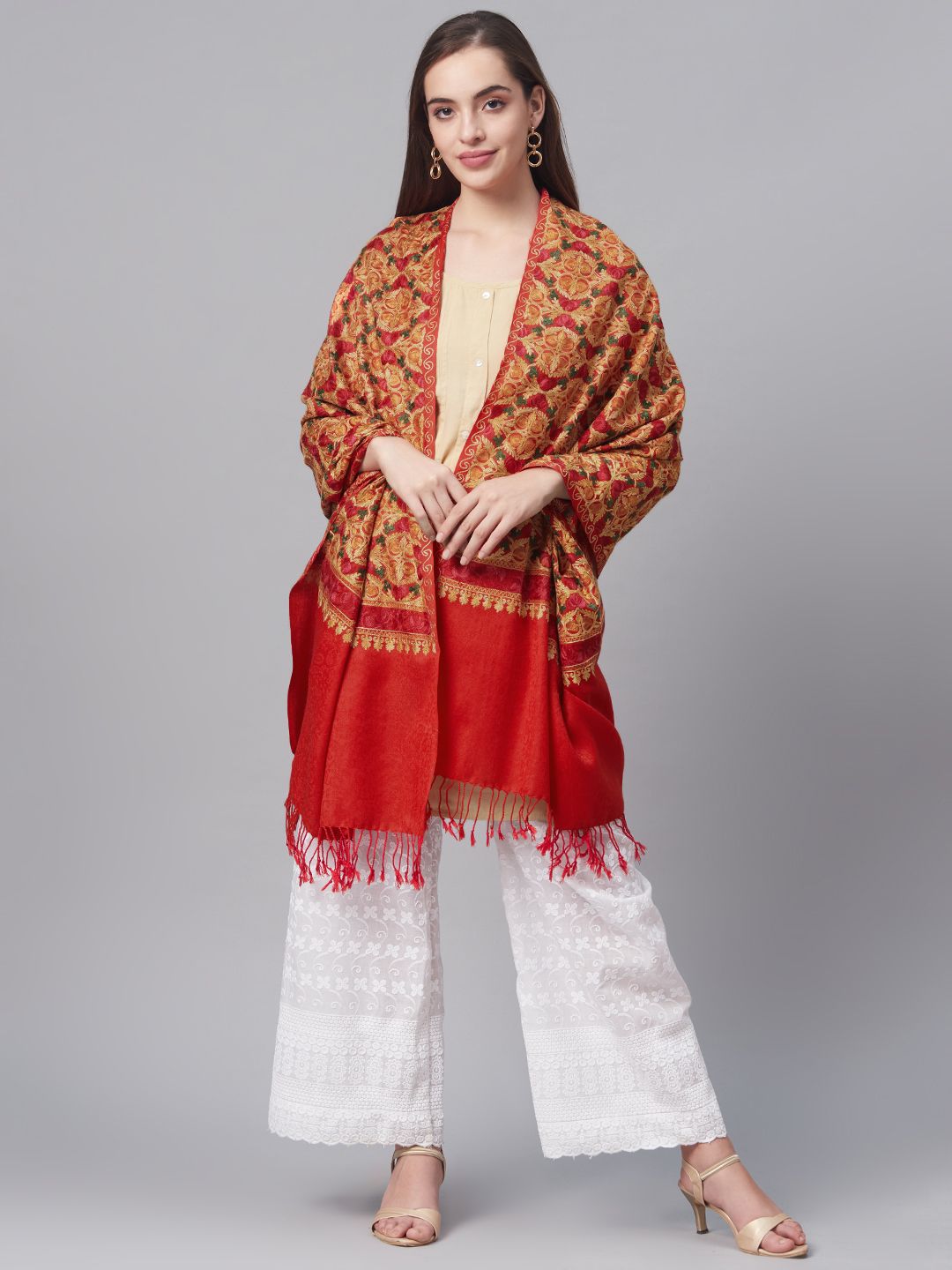 Pashutsh Women Red & Beige Aari Embroidered Shawl Price in India