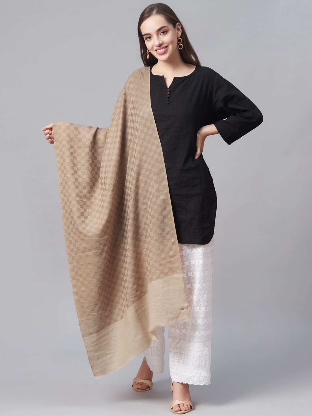 Pashtush Women Beige Checked Designer Stole Price in India