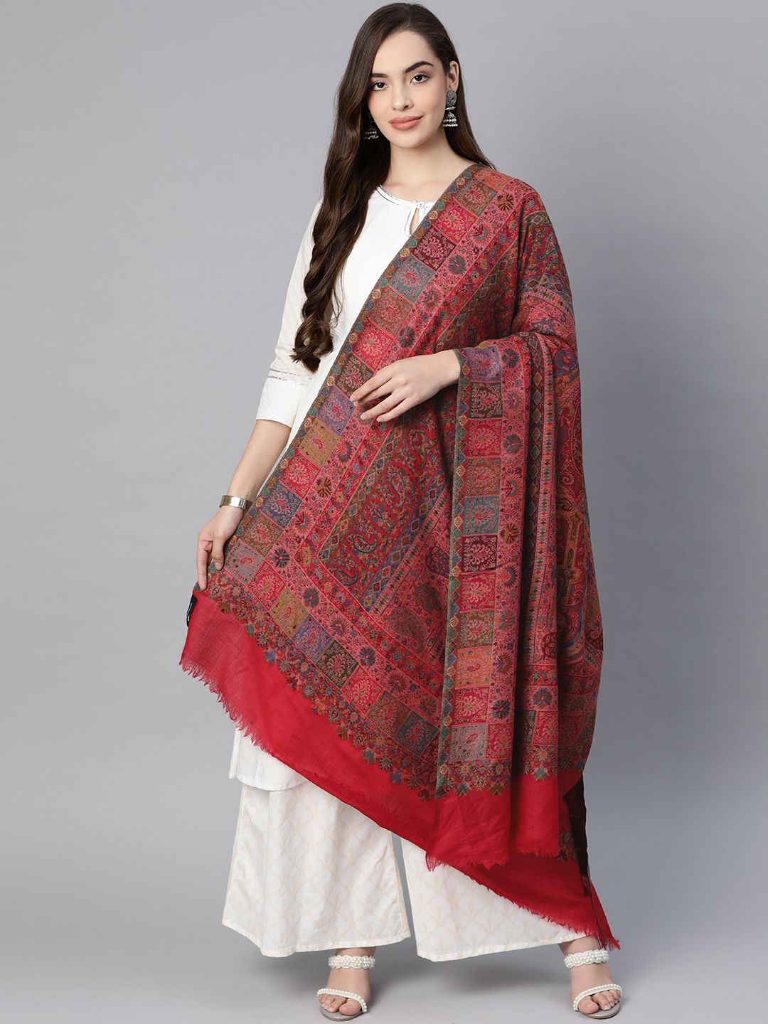 Pashtush Women Red & Beige Pure Wool Woven Design Kaani Shawl Price in India