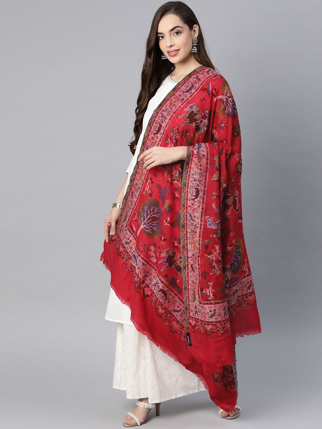 Pashtush Women Red Pure Wool Woven Design Kaani Shawl Price in India