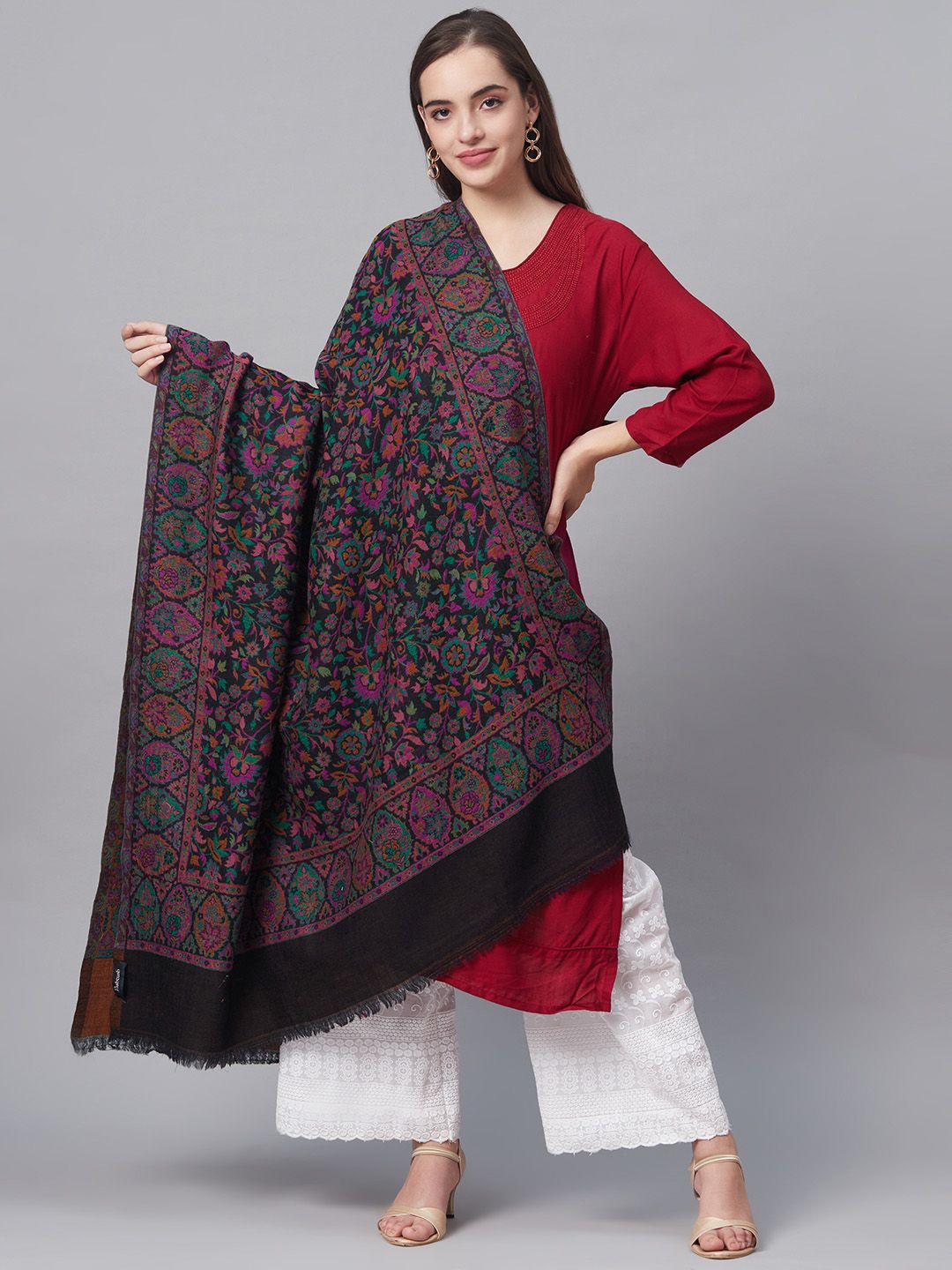 Pashtush Women Black & Pink Pure Wool Woven Design Kaani Shawl Price in India