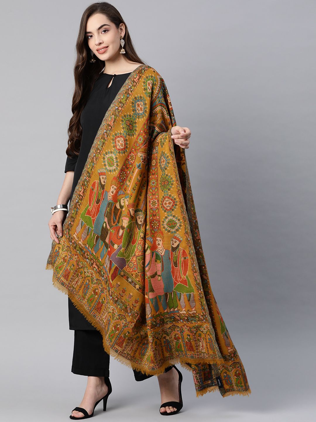 Pashtush Women Yellow & Red Pure Wool Woven Design Kaani Shawl Price in India