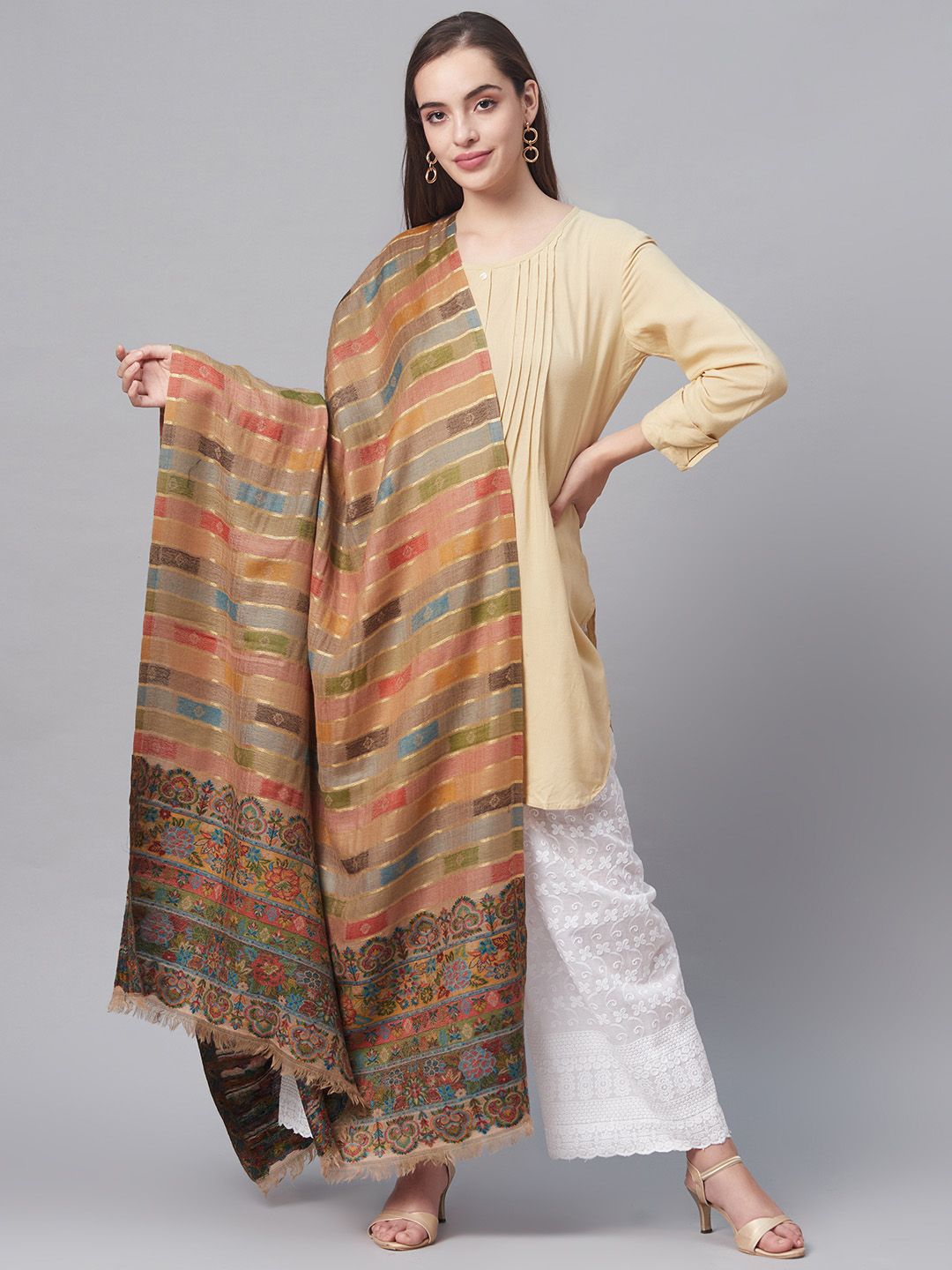 Pashtush Womens Beige & Orange Pure Wool Woven Design Kaani Shawl Price in India