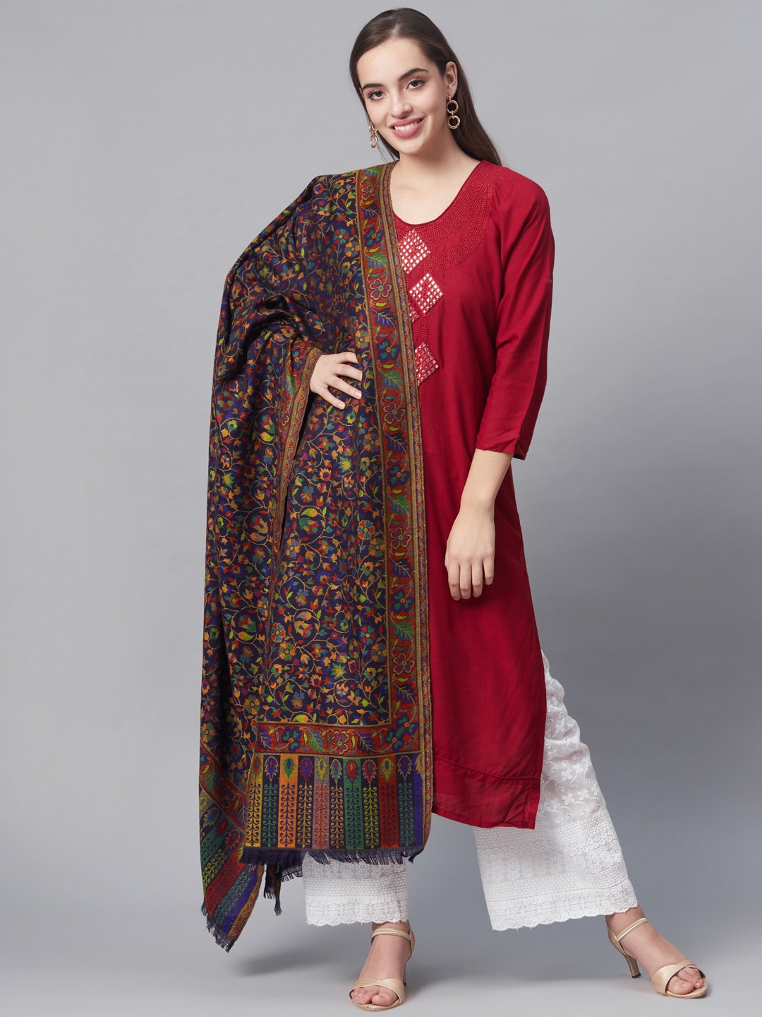 Pashutsh Women Navy Blue & Rust Red Ethnic Motifs Woven Design Designer Shawl Price in India