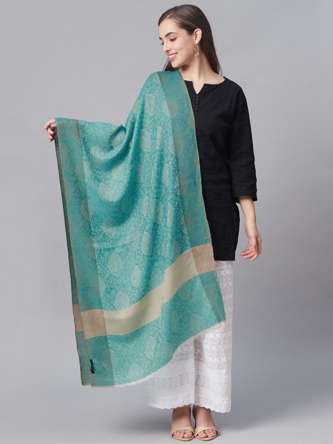 Pashtush Women Green & Grey Woven Design Designer Stole Price in India