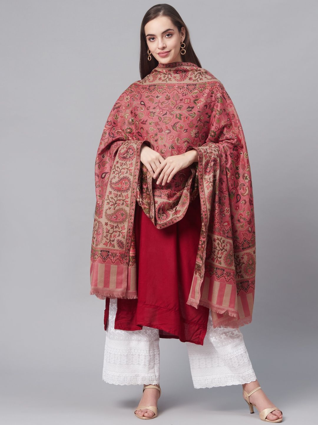 Pashutsh Women Dusty Pink & Beige Ethnic Motifs Woven Design Designer Shawl Price in India