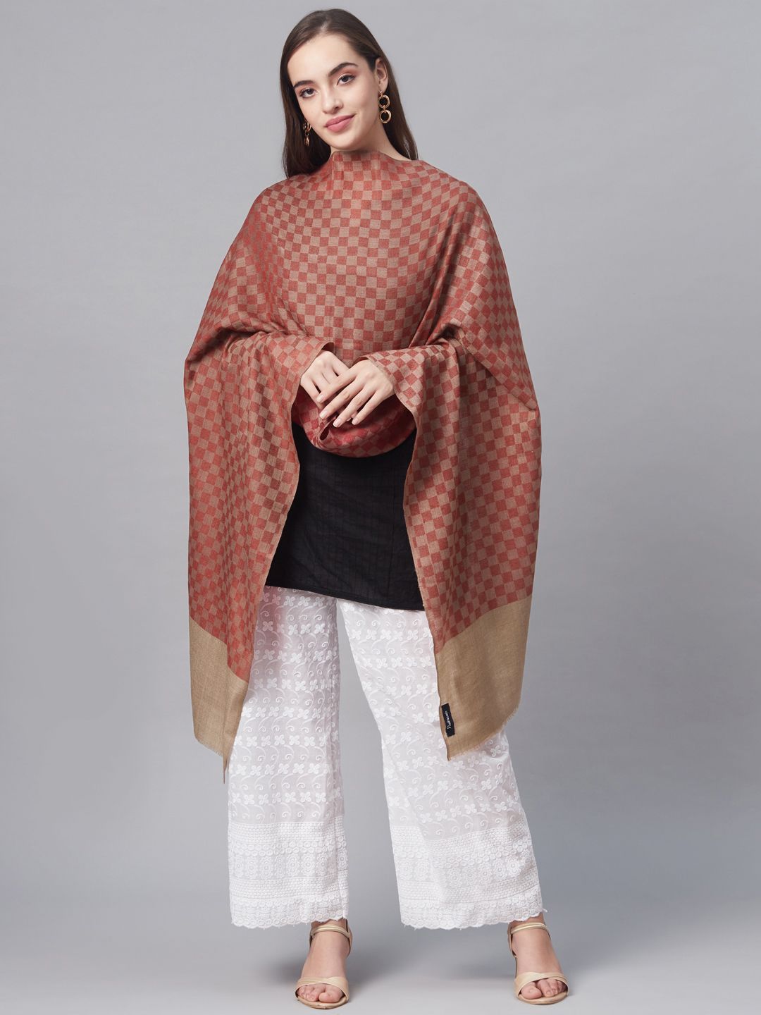 Pashtush Women Maroon & Beige Checked Woven Design Designer Stole Price in India