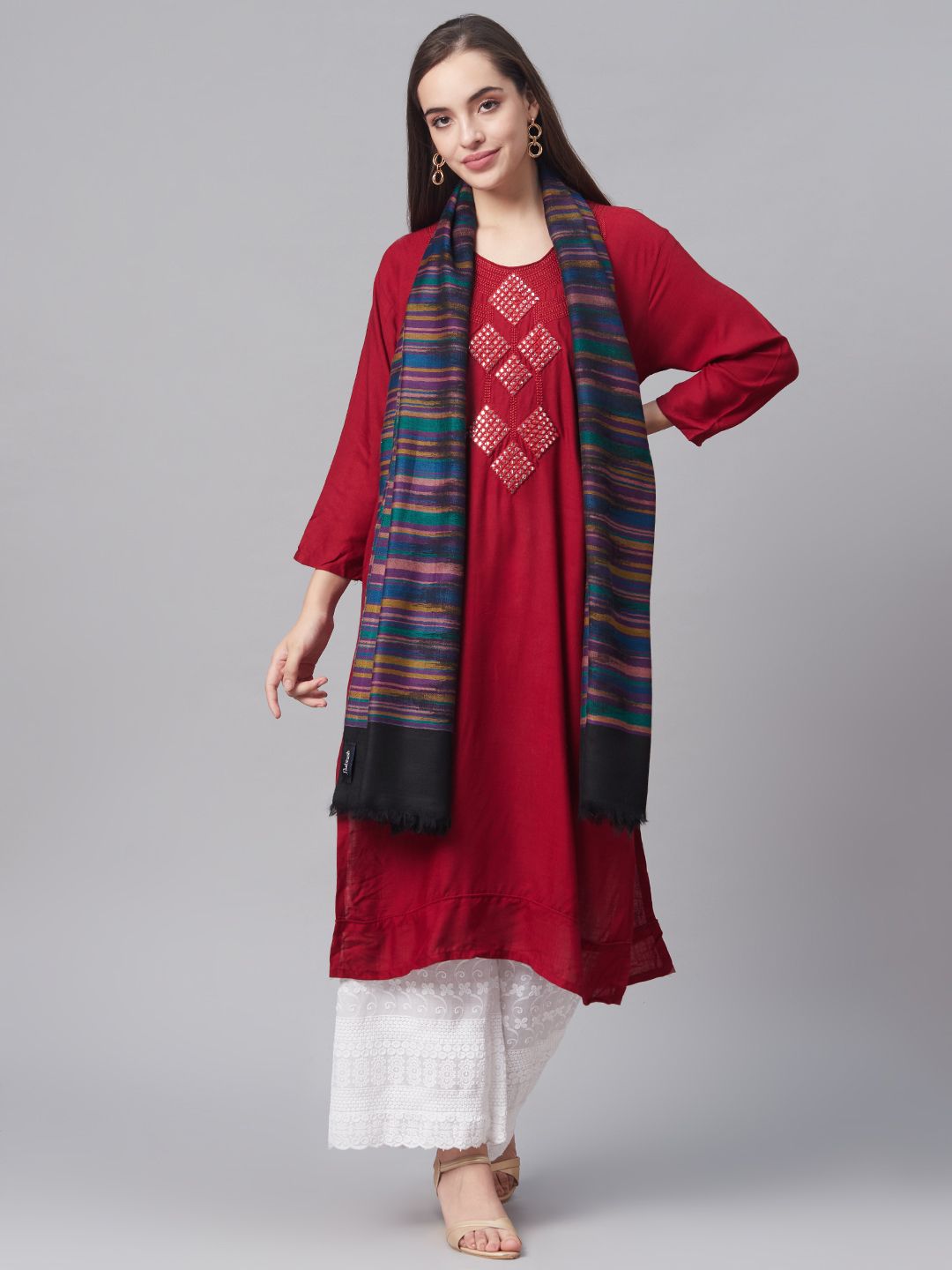 Pashtush Women Black & Blue Pure Wool Striped Shawl Price in India