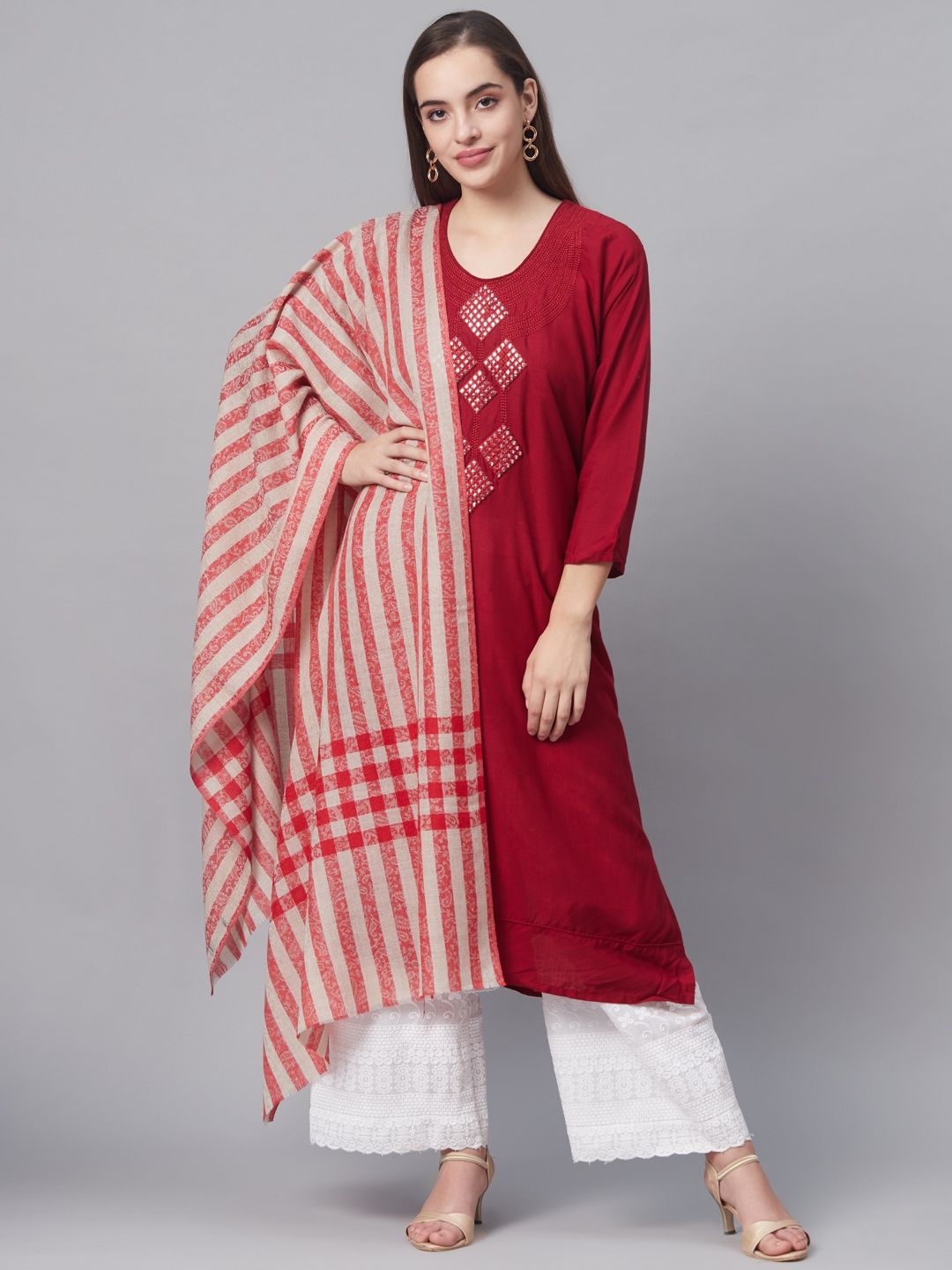 Pashtush Women Red & Beige Striped Designer Stole Price in India