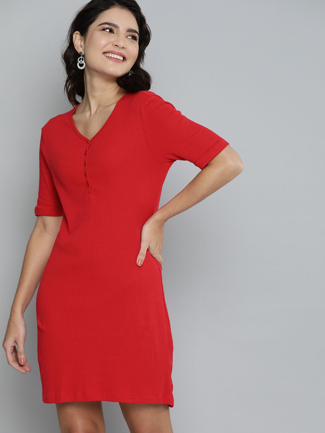 HERE&NOW Red Ribbed Sheath Mini Dress Price in India